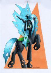 Size: 700x1001 | Tagged: safe, artist:andpie, queen chrysalis, changeling, changeling queen, female, raised hoof, solo, traditional art