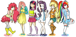 Size: 1500x730 | Tagged: safe, artist:membrillita, derpibooru import, applejack, fluttershy, pinkie pie, rainbow dash, rarity, twilight sparkle, human, clothes, converse, cowboy vest, dress, goggles, humanized, line-up, mane six, necktie, pigtails, scarf, shoes, short dress, skirt, socks, striped socks, sweater vest, sweatershy, twintails