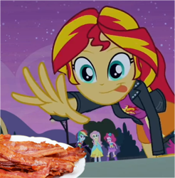 Size: 363x369 | Tagged: safe, edit, edited screencap, screencap, fluttershy, pinkie pie, rainbow dash, sunset shimmer, equestria girls, equestria girls (movie), bacon, boots, fall formal outfits, food, high heel boots, meat, meme, plate, sunset shimmer reaching for things, tongue out