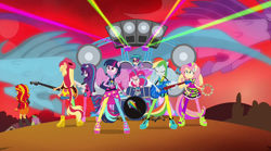 Size: 1280x714 | Tagged: safe, screencap, applejack, aria blaze, dj pon-3, fluttershy, pinkie pie, rainbow dash, rarity, sonata dusk, spike, sunset shimmer, twilight sparkle, twilight sparkle (alicorn), vinyl scratch, alicorn, dog, siren, equestria girls, rainbow rocks, bassmobile, flying, ponied up, spike the dog, the rainbooms, welcome to the show