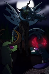 Size: 682x1024 | Tagged: safe, artist:percy-mcmurphy, pharynx, queen chrysalis, thorax, changedling, changeling, changeling queen, fanfic:lingering shadows, changeling king, fanfic, fanfic art, fanfic cover, glowing eyes, glowing horn, king thorax, moon, prince pharynx