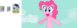 Size: 1100x407 | Tagged: safe, screencap, derpy hooves, pinkie pie, pegasus, pony, magical mystery cure, the best night ever, cameo, female, happy, jumping, mare, reaction image, shoutout, wink