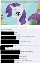 Size: 384x571 | Tagged: safe, rarity, pony, unicorn, facebook, fedora, fedora shaming, hat, meta, text