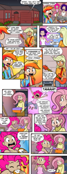 Size: 1280x3314 | Tagged: safe, artist:megasweet, artist:trelwin, applejack, fluttershy, pinkie pie, rainbow dash, rarity, bass guitar, breasts, canter girls, clothes, comic, donut, drums, guitar, hootershy, humanized, keyboard, musical instrument, sweater, sweatershy