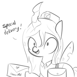 Size: 1650x1650 | Tagged: safe, artist:tjpones, queen chrysalis, changeling, changeling queen, dialogue, female, grayscale, hat, hoof hold, letter, love letter, mail, mailmare, monochrome, simple background, sketch, solo, white background