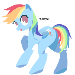 Size: 800x800 | Tagged: safe, artist:jus+ice, derpibooru import, rainbow dash, pegasus, pony, female, looking back, mare, misspelling, open mouth, raised hoof, simple background, smiling, solo, white background