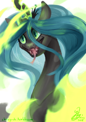 Size: 842x1190 | Tagged: safe, artist:chirpy-chi, queen chrysalis, changeling, changeling queen, fire, green fire, magic, solo, tongue out