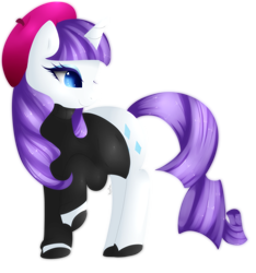 Size: 865x924 | Tagged: safe, artist:xeella, rarity, pony, unicorn, beatnik rarity, beret, clothes, hat, simple background, solo, sweater