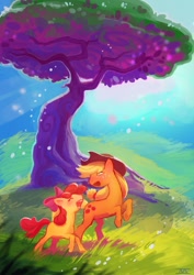 Size: 818x1158 | Tagged: safe, artist:cmaggot, apple bloom, applejack, earth pony, pony, female, mare, tree