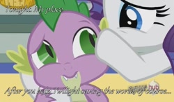 Size: 934x551 | Tagged: safe, edit, edited screencap, screencap, rarity, spike, dragon, pony, unicorn, caption, female, male, shipping, sparity, straight, text