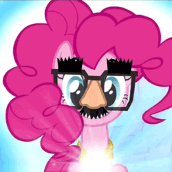 Size: 300x300 | Tagged: safe, screencap, pinkie pie, earth pony, pony, magical mystery cure, animated, element of laughter, glasses, groucho mask, hair, looking at you, mane, music, poof, poofy, puff, puffy, solo