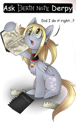 Size: 500x800 | Tagged: safe, artist:scythegirl, derpy hooves, pegasus, pony, alternate hairstyle, ask, ask death note derpy, crossover, death note, female, mare, misa amane