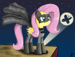 Size: 1175x894 | Tagged: safe, artist:ohthatandy, fluttershy, pegasus, pony, batman, batmare, cape, clothes, costume