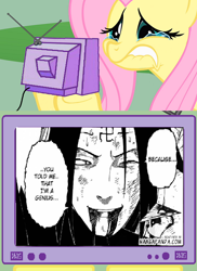 Size: 562x771 | Tagged: safe, fluttershy, pegasus, pony, exploitable meme, fluttercry, meme, naruto, neji hyuuga, spoiler, tv meme