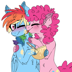 Size: 768x768 | Tagged: safe, artist:wanderingpegasus, derpibooru import, pinkie pie, rainbow dash, earth pony, pegasus, pony, blushing, chest fluff, ear fluff, eyes closed, female, lesbian, licking, mare, one eye closed, pinkiedash, shipping, simple background, smiling, tongue out, unshorn fetlocks, white background