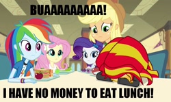 Size: 1280x761 | Tagged: safe, screencap, applejack, fluttershy, rainbow dash, rarity, sunset shimmer, equestria girls, rainbow rocks, cafeteria, image macro, meme, sad