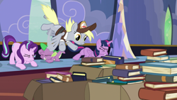 Size: 1920x1080 | Tagged: safe, screencap, derpy hooves, spike, starlight glimmer, twilight sparkle, twilight sparkle (alicorn), alicorn, dragon, pony, to where and back again, book, mailmare