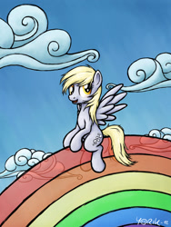 Size: 1258x1676 | Tagged: safe, artist:yorik-cz, derpy hooves, pegasus, pony, female, mare, rainbow, sitting, solo