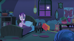 Size: 1920x1080 | Tagged: safe, screencap, starlight glimmer, pony, unicorn, to where and back again, bed, bedroom, female, hat, in bed, kite, mare, moon, night, solo, starlight's room, teddy bear, that pony sure does love kites, waking up, wizard hat