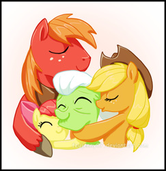 Size: 600x618 | Tagged: safe, artist:feujenny07, apple bloom, applejack, big macintosh, granny smith, earth pony, pony, apple family, female, hug, male, mare, stallion