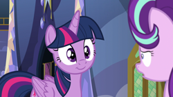 Size: 1920x1080 | Tagged: safe, screencap, starlight glimmer, twilight sparkle, twilight sparkle (alicorn), alicorn, changeling, pony, to where and back again, disguise, disguised changeling, fake twilight, smiling