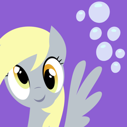 Size: 1000x1000 | Tagged: safe, artist:demonreapergirl, derpy hooves, pegasus, pony, bust, cute, cutie mark background, derpabetes, female, lineless, looking at you, mare, portrait, purple background, simple background, smiling, solo, spread wings, wings