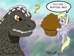 Size: 900x684 | Tagged: safe, artist:kaijukid, derpy hooves, kaiju, pegasus, pony, crossover, female, giant muffin, godzilla, godzilla (series), mare, muffin