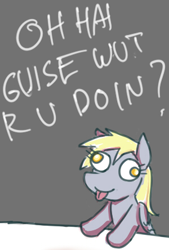 Size: 300x444 | Tagged: safe, derpy hooves, oc, oc:anon, pegasus, pony, 4chan, cute, derp, female, greeting, mare, tongue out, what are you doing