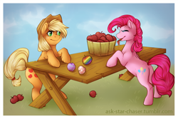 Size: 1000x667 | Tagged: safe, artist:vella, applejack, pinkie pie, earth pony, pony, apple, female, food, paintbrush, plot