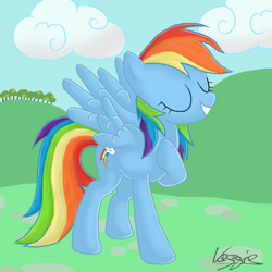 Size: 1000x1000 | Tagged: dead source, safe, artist:veggie55, derpibooru import, rainbow dash, pegasus, pony, best pony, cute, dashabetes, eyes closed, grin, hoof on chest, smiling, solo, spread wings, standing, wings