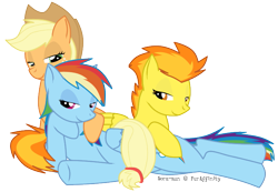 Size: 745x515 | Tagged: safe, artist:rainbow-smashed, applejack, rainbow dash, spitfire, earth pony, pegasus, pony, appledash, appledashfire, applefire, cuddling, female, lesbian, ot3, polyamory, shipping, snuggling, spitdash