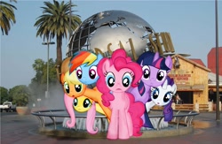 Size: 3468x2264 | Tagged: safe, artist:pinetr33, artist:snipernero, derpibooru import, applejack, fluttershy, pinkie pie, rainbow dash, rarity, twilight sparkle, irl, mane six, photo, ponies in real life, tree, truck, universal studios, vector, water fountain