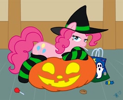 Size: 1116x900 | Tagged: safe, artist:patchworth, pinkie pie, earth pony, pony, candy, clothes, halloween, holiday, jack-o-lantern, nightmare night, pumpkin, socks, solo, striped socks, stupid sexy pinkie