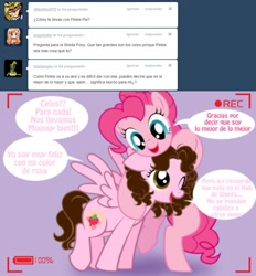 Size: 1236x1334 | Tagged: safe, artist:shinta-girl, pinkie pie, oc, oc:shinta pony, earth pony, pony, ask, spanish, translated in the description, tumblr