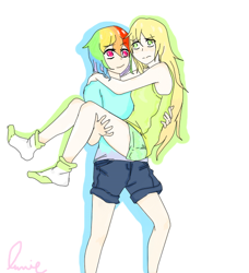 Size: 574x629 | Tagged: safe, artist:lumie27, derpibooru import, applejack, rainbow dash, human, appledash, female, humanized, lesbian, shipping