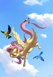 Size: 2351x3380 | Tagged: safe, artist:purmu, fluttershy, bird, pegasus, pony, female, flying, mare