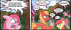 Size: 1194x508 | Tagged: safe, artist:supersheep64, apple bloom, big macintosh, pinkie pie, earth pony, pony, g4, angry, chair, coffee, comic, dialogue, farm, hoof hold, male, pinkamena diane pie, scene interpretation, stallion, swapped cutie marks, sweet apple acres