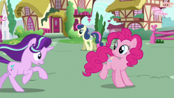 Size: 640x360 | Tagged: safe, screencap, bon bon, pinkie pie, starlight glimmer, sweetie drops, pony, to where and back again