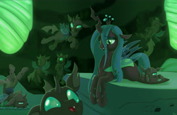 Size: 5100x3300 | Tagged: safe, artist:dmann892, queen chrysalis, changeling, changeling queen, crown, cute, cutealis, cuteling, female, flying, fourth wall, hive, jewelry, mommy chrissy, mother, regalia, smiling, wallpaper