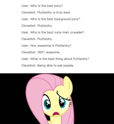 Size: 500x543 | Tagged: safe, fluttershy, cleverbot, cleverbot is insane, fake, meme, text, wat