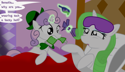 Size: 3000x1713 | Tagged: safe, artist:dazed-and-wandering, rarity, sweetie belle, pony, unicorn, green hair, hair dye, magic, saint patrick's day