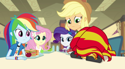 Size: 1280x714 | Tagged: safe, screencap, applejack, fluttershy, rainbow dash, rarity, sunset shimmer, equestria girls, rainbow rocks, cafeteria