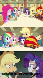 Size: 693x1253 | Tagged: safe, applejack, fluttershy, rainbow dash, rarity, sunset shimmer, equestria girls, rainbow rocks, apple, cafeteria, fruit heresy, grammar error, grapes, heresy