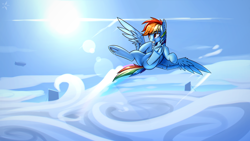 Size: 3820x2160 | Tagged: safe, artist:justafallingstar, artist:starfall-spark, derpibooru import, rainbow dash, pegasus, pony, cloud, featured on derpibooru, featureless crotch, female, flying, frog (hoof), lens flare, mare, scenery, scenery porn, smiling, solo, tail, underhoof, zeppelin