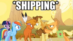 Size: 960x540 | Tagged: safe, derpibooru import, edit, edited screencap, screencap, applejack, braeburn, little strongheart, rainbow dash, twilight sparkle, earth pony, pegasus, pony, over a barrel, braeheart, female, image macro, male, meme, now kiss, pushing, shipper on deck, shipping, straight