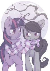 Size: 1054x1500 | Tagged: safe, artist:lonelycross, derpibooru import, octavia melody, twilight sparkle, earth pony, pony, unicorn, blushing, clothes, female, lesbian, looking at each other, raised hoof, scarf, shared clothing, shared scarf, shipping, smiling, snow, snowfall, tree, twitavia