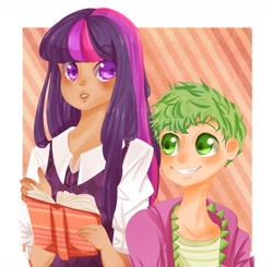 Size: 1280x1253 | Tagged: safe, artist:bunnynomnomsme, derpibooru import, spike, twilight sparkle, humanized