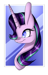 Size: 437x678 | Tagged: safe, artist:xxmissteaxx, starlight glimmer, pony, unicorn, bust, impossibly large ears, large ears, long horn, portrait, smiling, solo