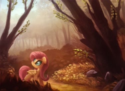 Size: 2000x1466 | Tagged: safe, artist:ajvl, fluttershy, pegasus, pony, female, forest, mare, scenery, solo, tree