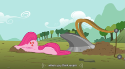 Size: 761x423 | Tagged: safe, screencap, pinkie pie, earth pony, pony, magical mystery cure, faceplant, pinkamena diane pie, swapped cutie marks, youtube caption